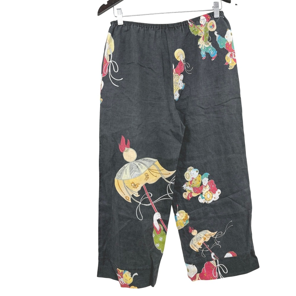 Citron Pants Womens Small Navy Linen Graphic Oriental Wide Leg Santa Monica